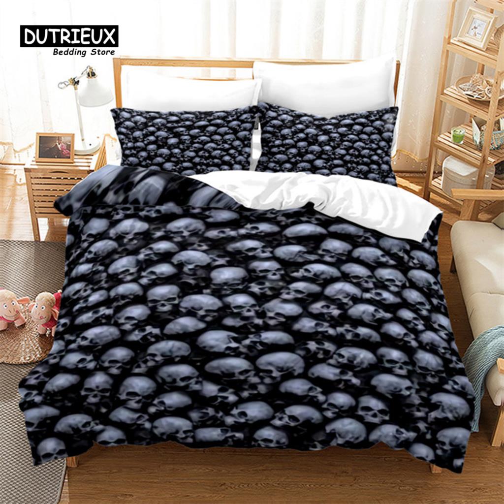 Skull Duvet Cover Microfiber Horror Theme Bedding Set Grunge Scary Skulls Sketchy Graveyard Death Evil Face Full Comforter Cover