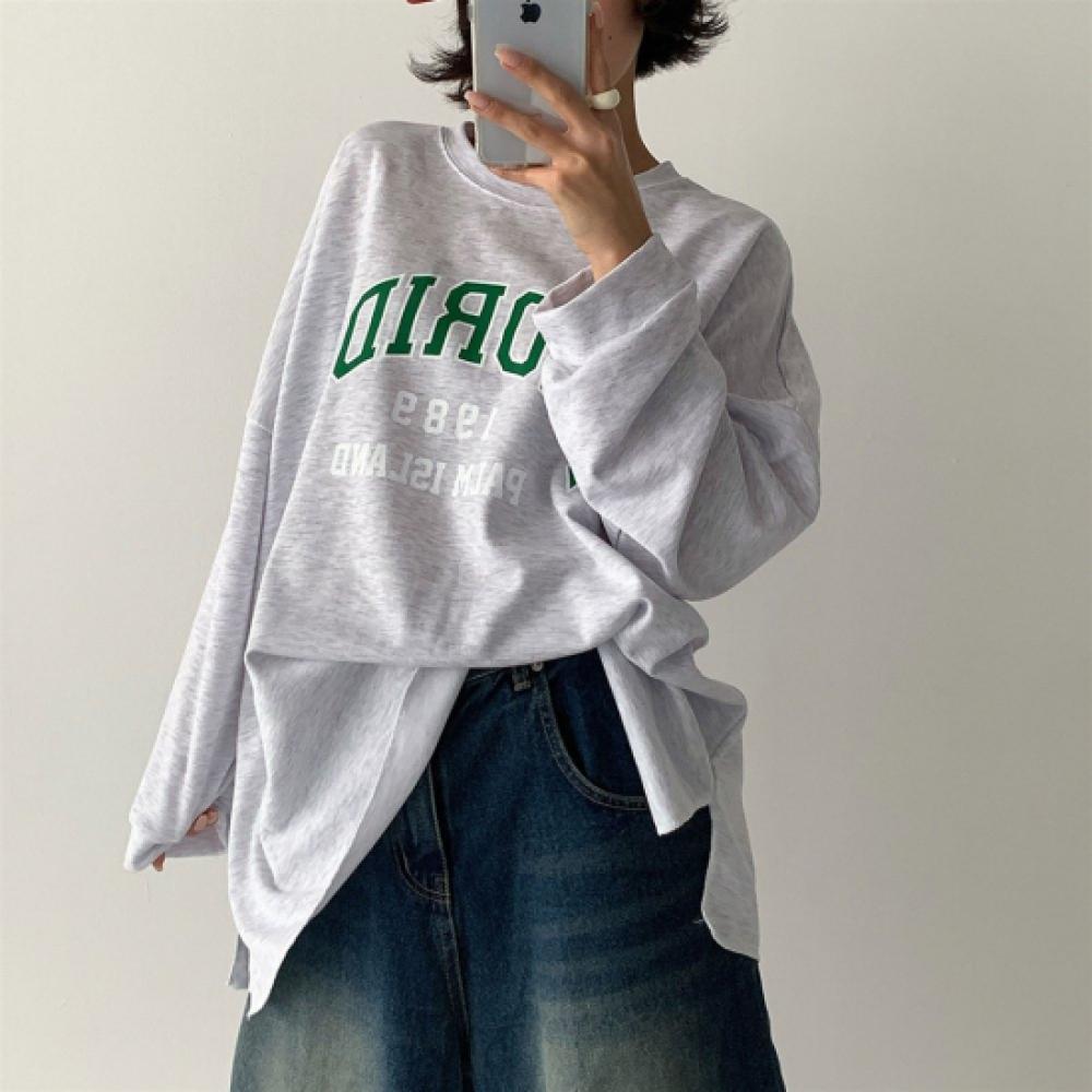 New Arrivals Open Run Women Big Size LeTTering SliT Box FiT Long Sleeve T shirT