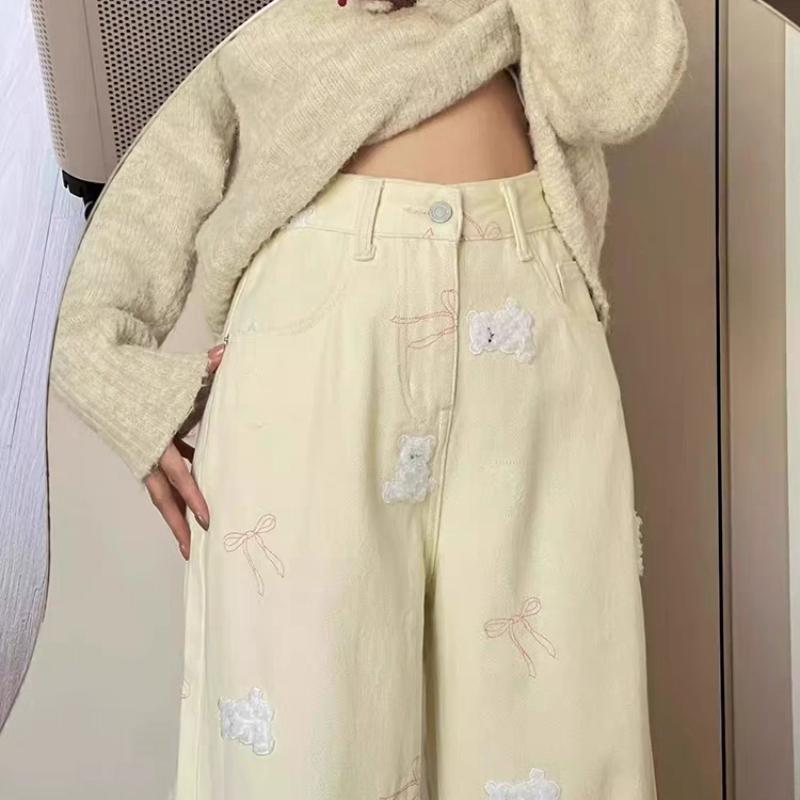 Damenjeans mit Bärenstickerei im amerikanischen Stil - Frühling/Sommer Hochtailliertes, schlankmachendes Design Gerades Bein Lange Hose