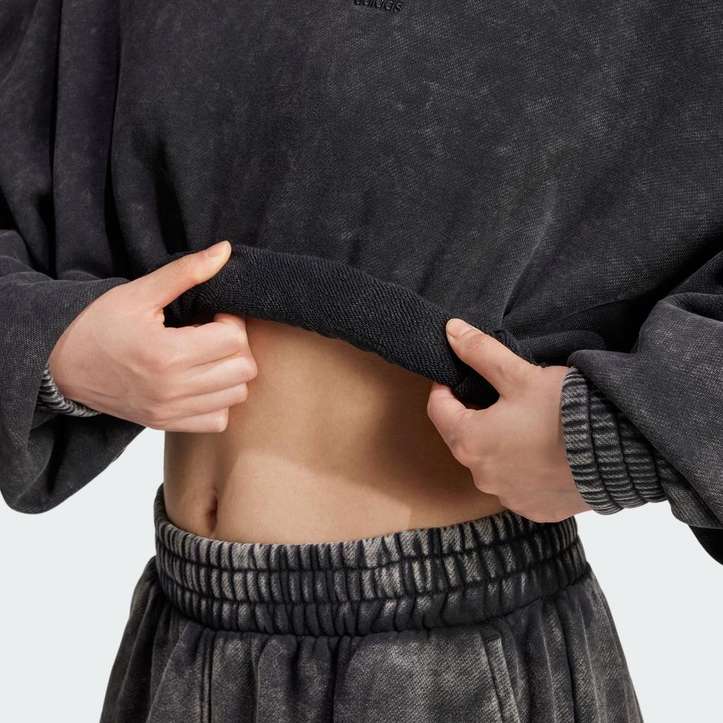 Adidas Originals Crop Hoodie Acid-Wash Solid Color Soft Loose Casual Hooded Long Sleeve Sweatshirt Women Hoodies Black JJ0333