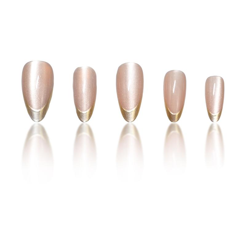 24Pcs pink cat eye French nail patches, medium almond shape, decorated with golden lines, simple style, smooth surface, full cov