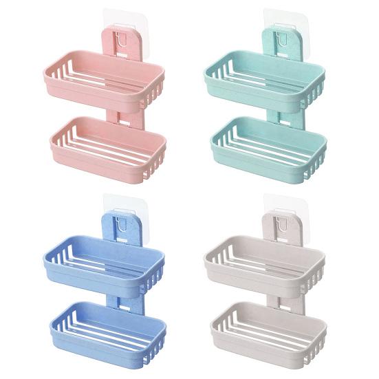 Soap Rack Multifunctional Punch-free Hollow Design Wall-mounted Double-deck Drainage Soap Storage Holder for Bathroom