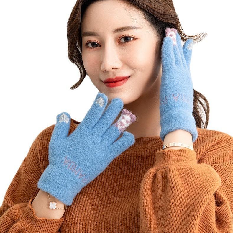 Jacquard Imitation Mink Fingertip Bear Touch Screen Fashion Warm Winter Gloves Cartoon Cute Split Finger Touch Screen Hand
