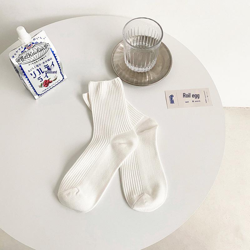 Autumn/Winter Women's Double Needle Vertical Stripe Mid-Calf Socks - Black & White JK Long Socks