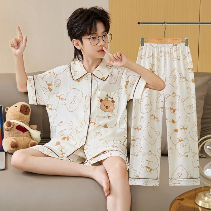 Boys Cotton Pajama Set Thin Sleepwear Cartoon Print Comfortable Home Wear Teens