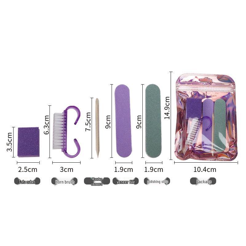 5-Piece Manicure Kit: Press-on Nail Tool with Wood Grain File, Polishing Strip, Wood Stick, Horn Brush & Sponge Block