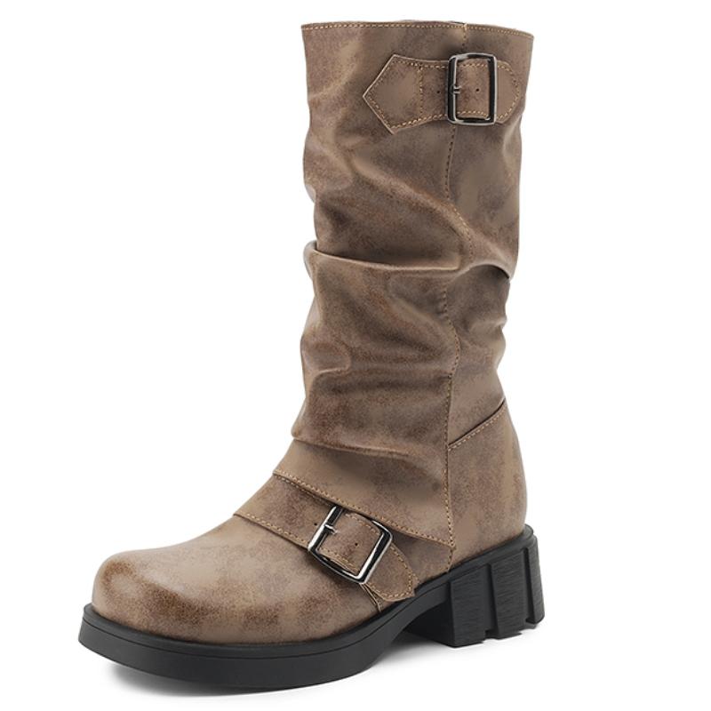 

Vintage Brown Mid-calf Boots Women Pleated Winter Autumn Shoes Ladies Fashion Buckle Women s Riding Boot Low Heels Comfortable 39