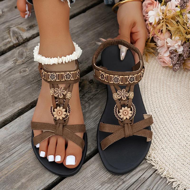 

Fashion Flowers Decor Flats Bohemian Sandals Women Plus Size 36-43 Summer Gladiator Sandalias Mujer Lightweight Non Slip Beach Sandles 43