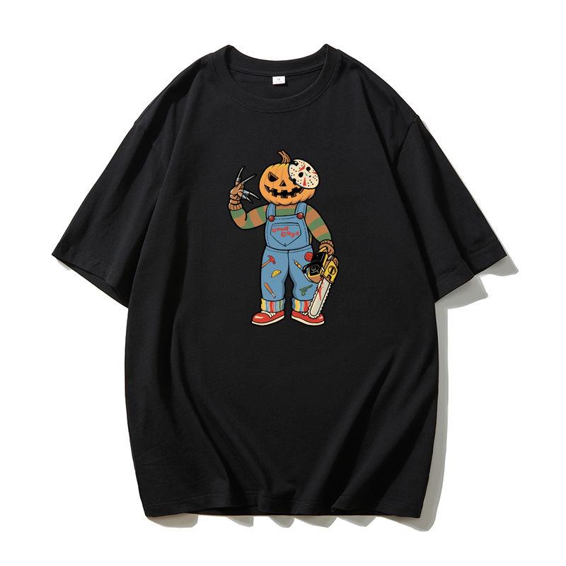 Halloween Retro T-shirt Men American Fashion Brand Loose Cotton Heavy Short-sleeved Round Neck Base Shirt