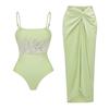 1011 European and American swimwear new fresh green beads embroidered solid color one-piece swimsuit women's explosion 11011