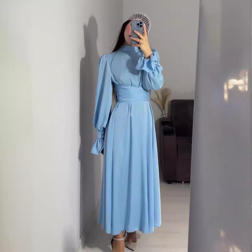 GMXIA Autumn Long Sleeve Belted Puffy Sleeve Solid Color Fairy Dress