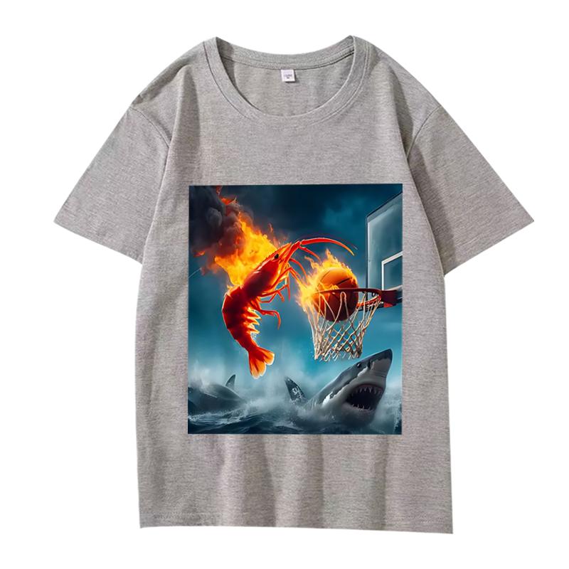 Garnelen-Dunking auf Hai Grafik T-Shirt Retro Angel T-Shirt Männer Frauen Kurzarm Sommer Unisex Oberteile