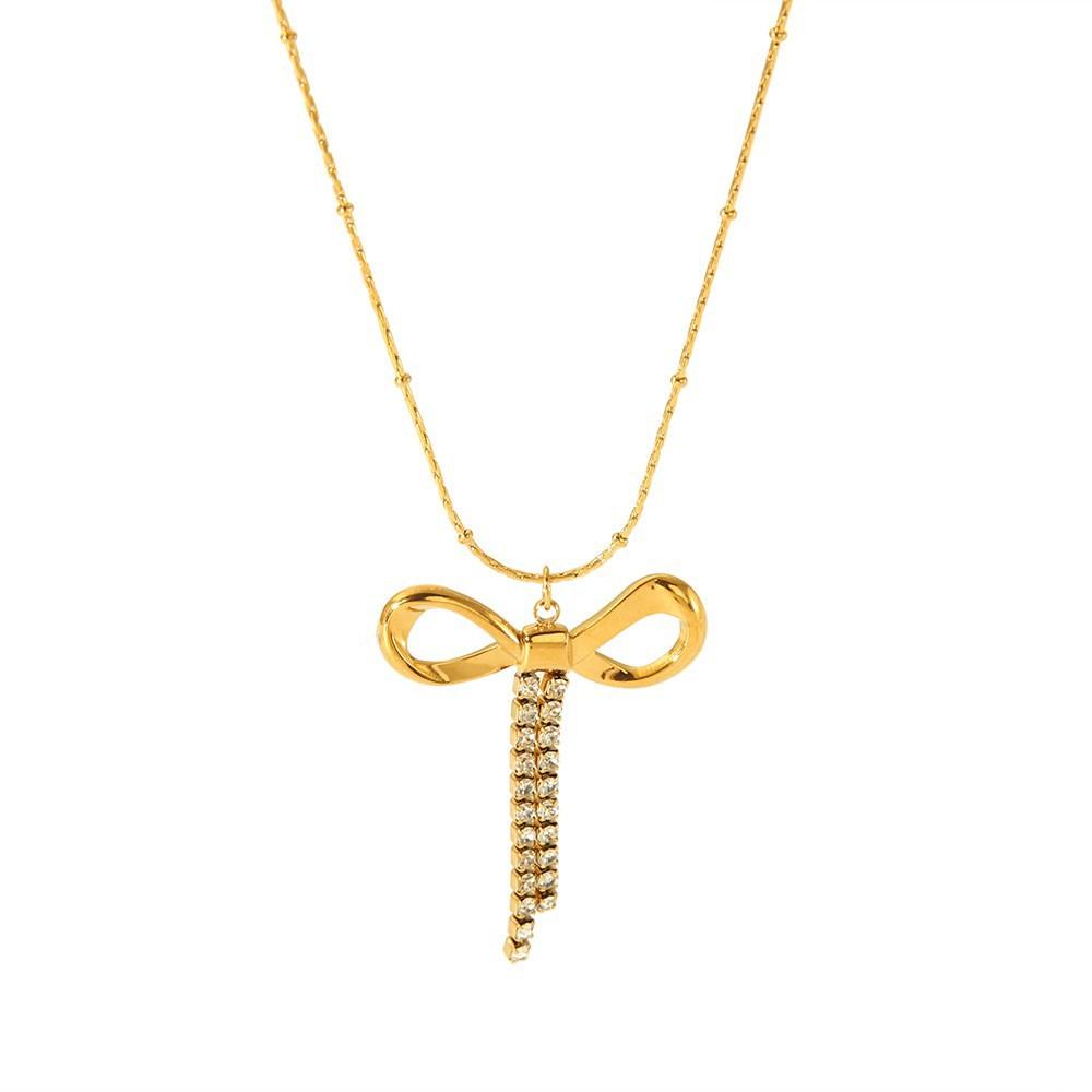 European and American Ins Light Luxury Diamond-encrusted Bow Pendant Necklace Women's Plated 18k Gold Stainless Steel Waterproof Design Clavicle Chain