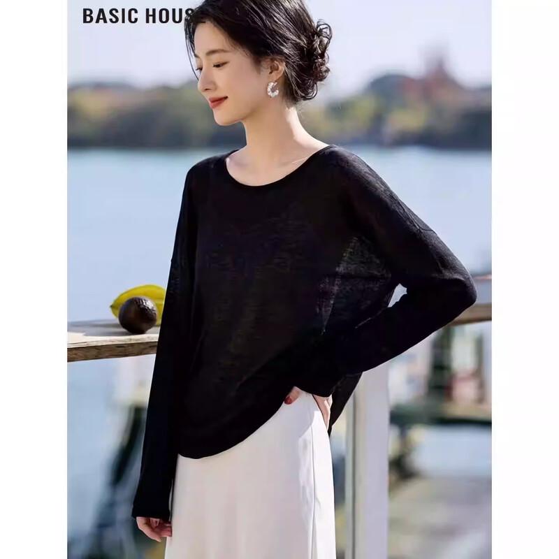 

Basic House Women s Black Round Neck Long Sleeve Open Back Sun Protection T-Shirt One Size