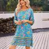 Letnia Drukowana Damska Sukienka A-line z Krótkim Rękawem 2025 Rozcięcie Luźna Codzienna Prosta Vintage Imprezowa Kwiatowa Boho Sukienki Eleganckie Frędzle Odzież Świąteczna