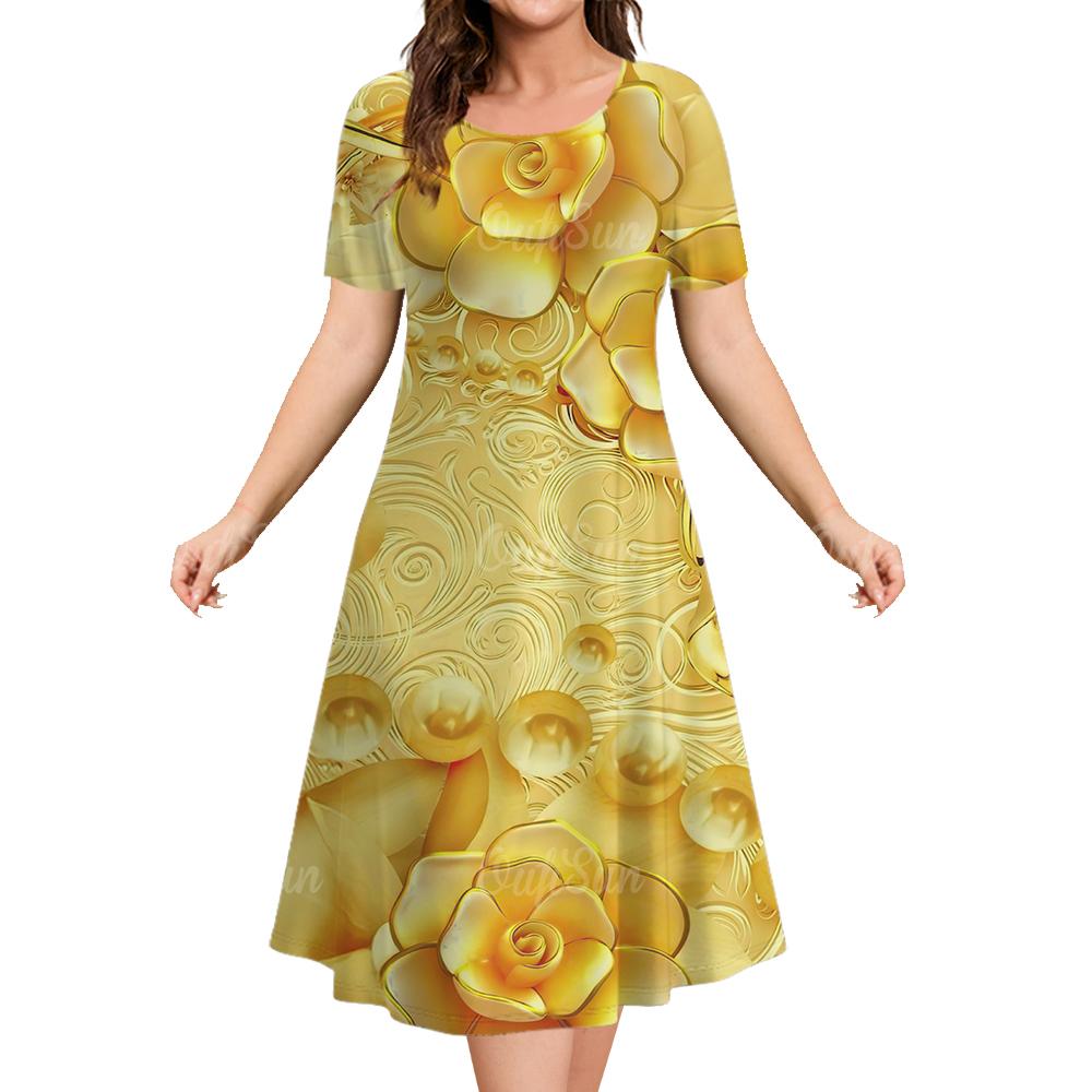 Women Summer Round Neck Short Sleeved Dress 3d Floral Pattern Casual Fashion Clothing Woman Party Elegant Long Skirt Pullover