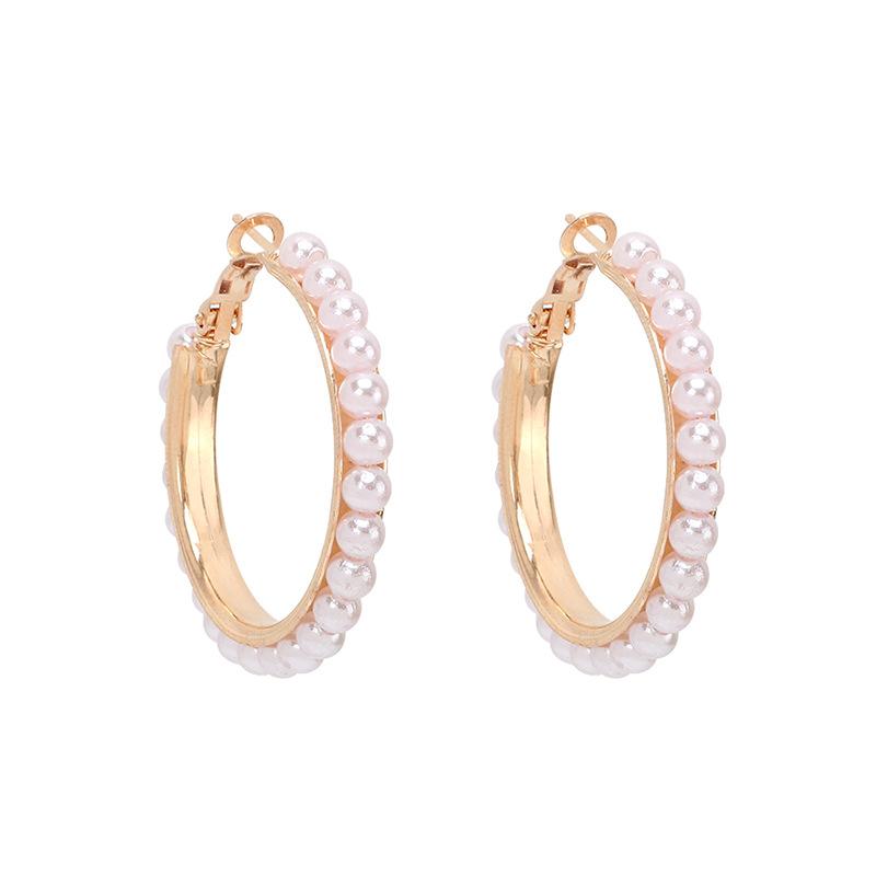 Exaggerated Imitation Pearl Round Hoop Earrings for Women Hiphop Punk Metal Creative Geometry Loop Jewelry Accessory Girl Gift
