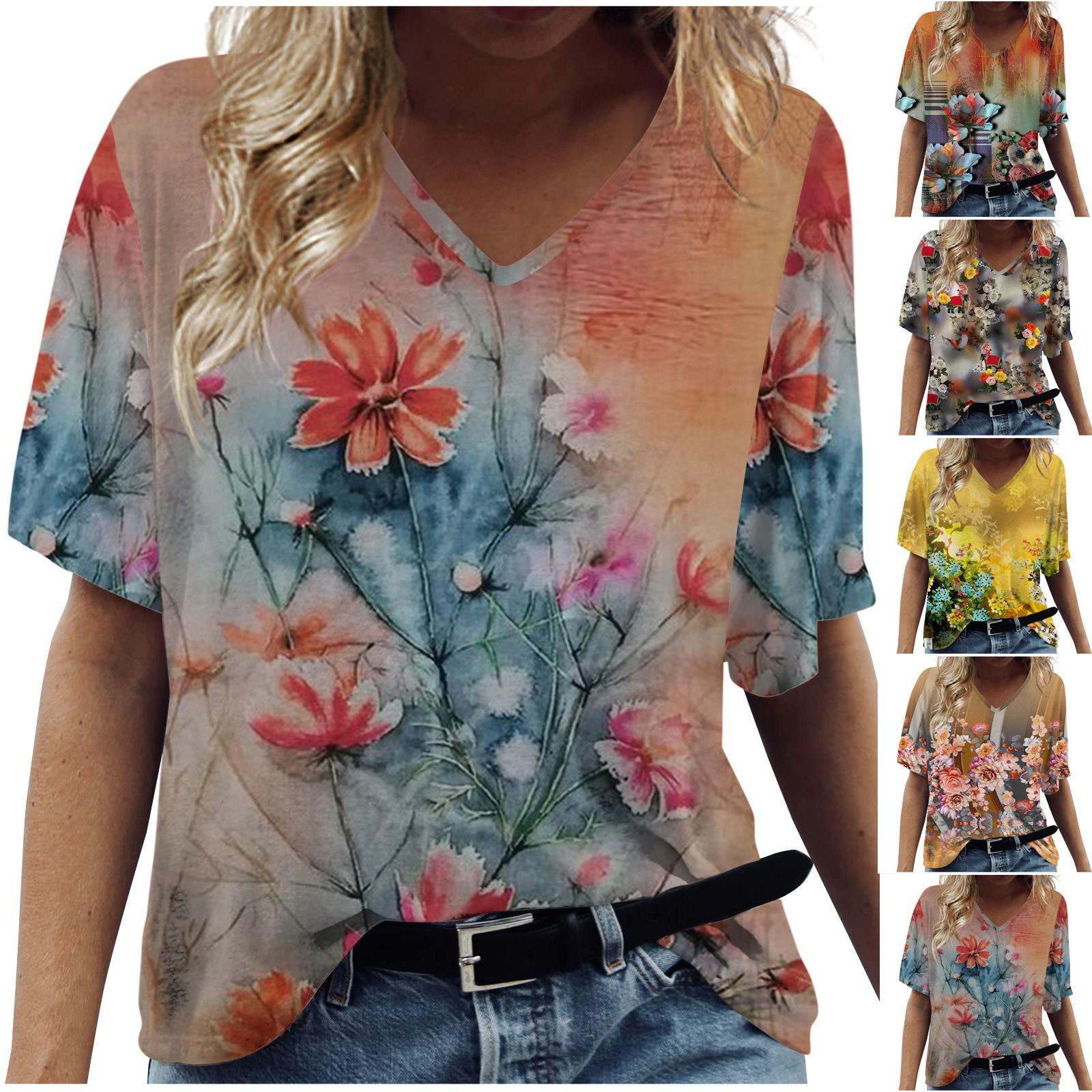 

Женский модный и универсальный топ с короткими рукавами и v-образным вырезом с усовершенствованным принтом