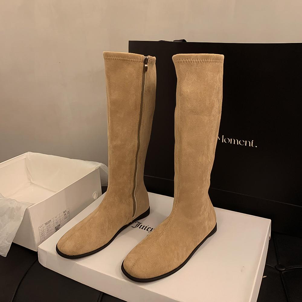 Beautiful Tube Thin Rad But Flat Single Boots Knight Boots Versatile Korean Version Tall Boots Female White Round Head Thin Long