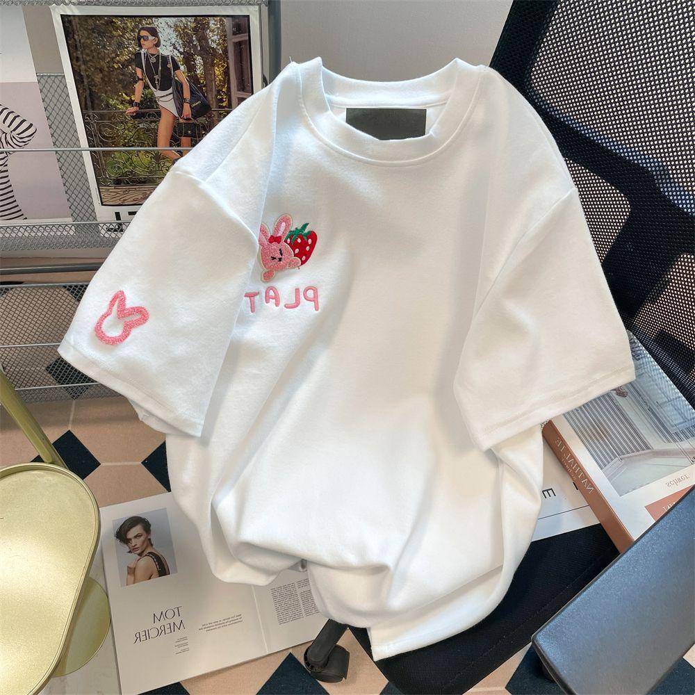 

Тяжелая хлопчатобумажная японская футболка с вышивкой клубничного кролика, мужчины и женщины, весна и лето, большой размер, свободная пара, футболка с короткими рукавами, топ