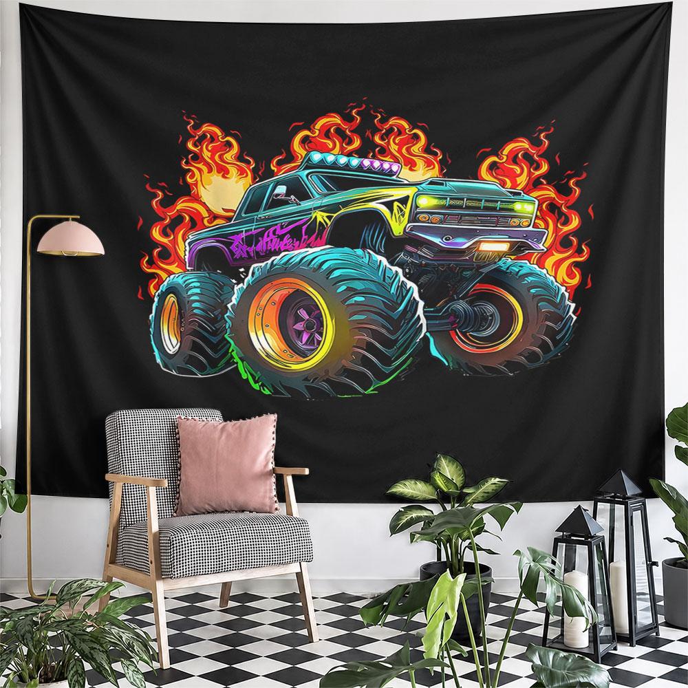 "Flaming Monster Truck Illustration" Pattern Wall Hanging Tapestry Decorative Tapestry Home Decor for Bedroom and Living Room