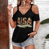 T-shirt décontracté pour femme à épaules dénudées et bretelles à nouer, col en V, manches courtes, haut d'été avec imprimé USA et coupe ample pour un usage quotidien