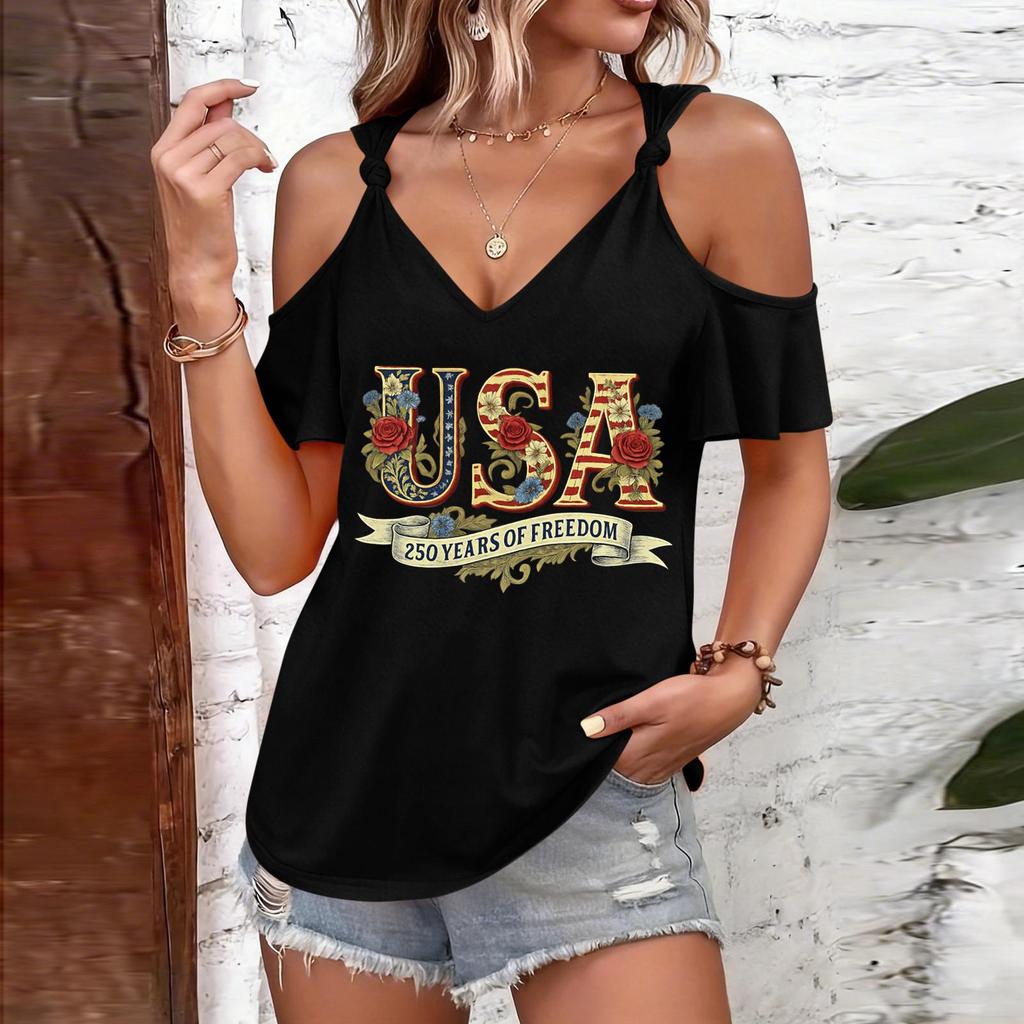 T-shirt décontracté pour femme à épaules dénudées et bretelles à nouer, col en V, manches courtes, haut d'été avec imprimé USA et coupe ample pour un usage quotidien