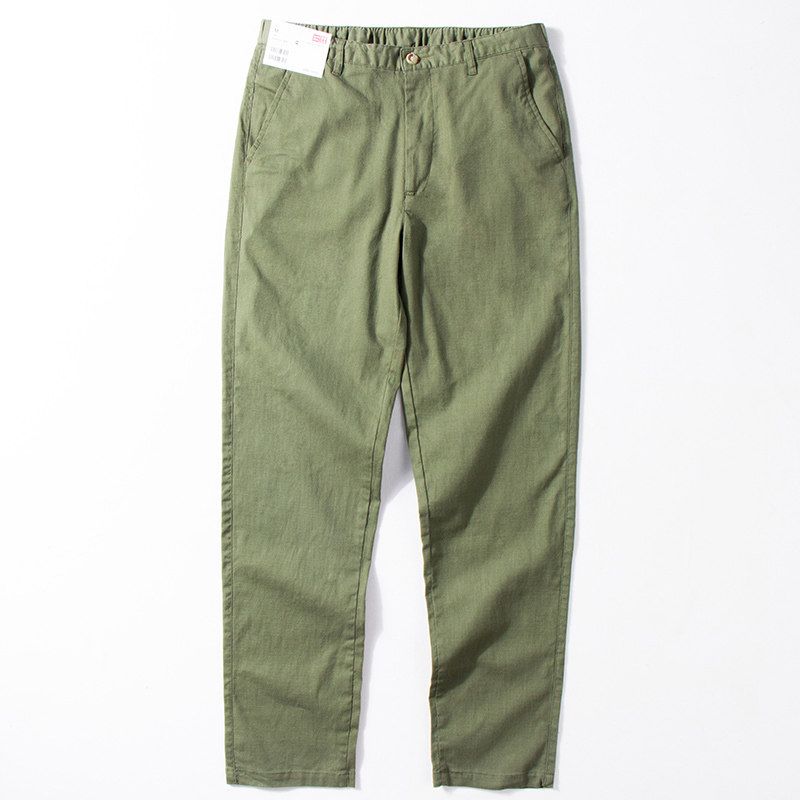 Summer Thin Stretch Cotton Linen Solid Color Minimalist Casual Pants Army Green L