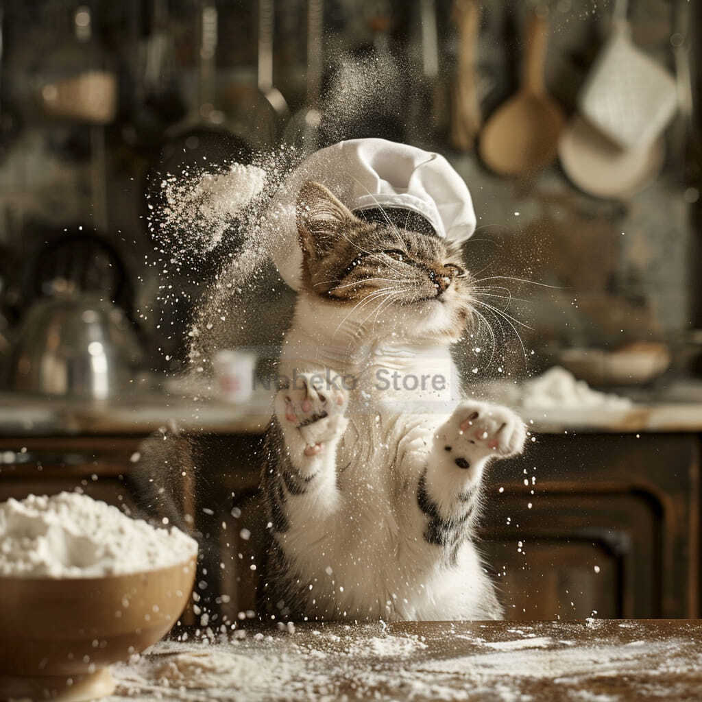 Lovely Cat Baker Making Dim Sum Poster Flour Cute Kitten Prints Canvas Wall Art Pictures Home Kitchen Room Modern Pet Decor