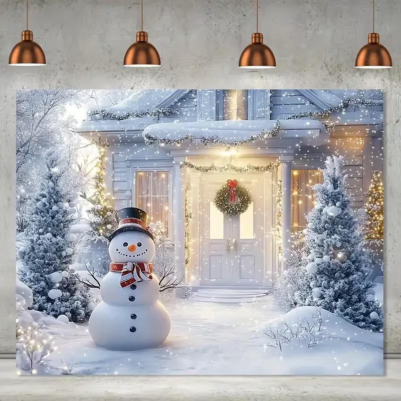 2D Weihnachten Winter Kulisse Schneemann Verschneites Haus Feiertags Fotografie Hintergrund