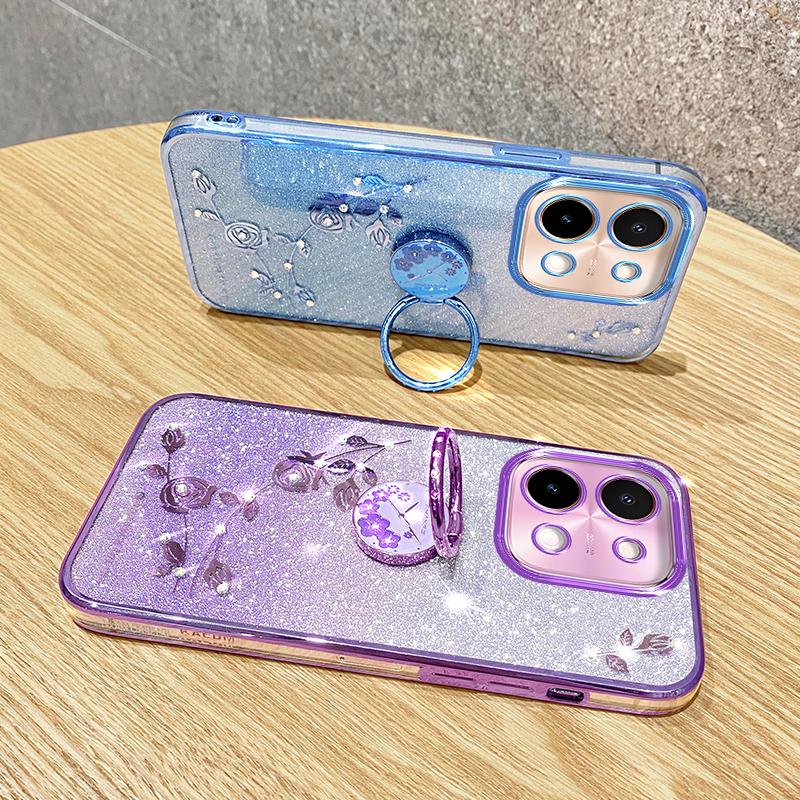 KADEM For vivo Y28 4G Case Kickstand Glitter Flowers TPU Shockproof Phone Cover