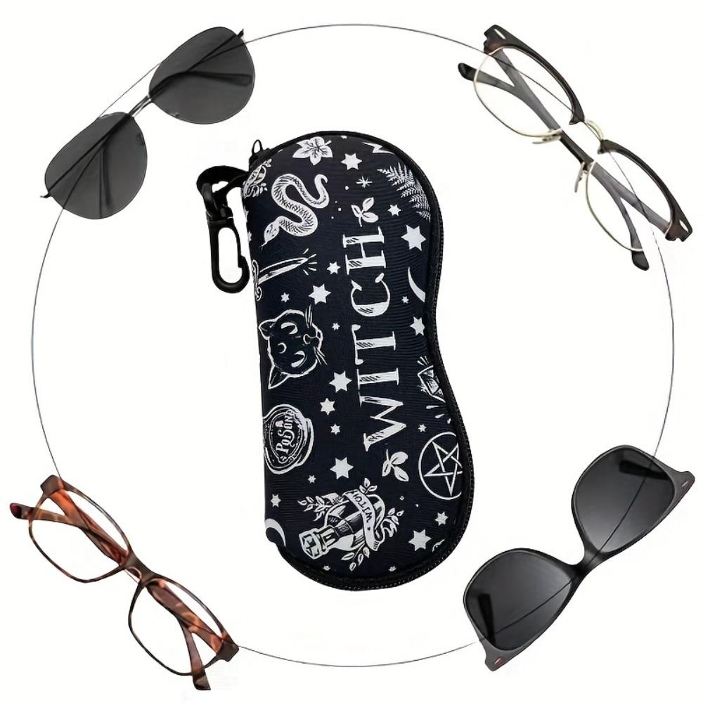 1pc Witch Gothic Print Glasses Pouch Portable Zipper Sunglasses Pouch With Carabiner Hook Anti‑Scratch Eyeglasses Protective Bag For Halloween Gift