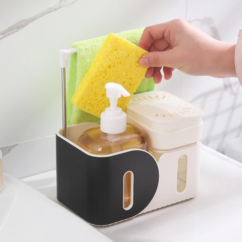 Kitchen Soap Dispenser Set, 4-in-1 Dual Hand and Dish Soap Dispenser with Sponge Holder and Dishcloth Holder for Kitchen Sink
