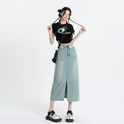 Collar Tiled Letter Embroidered Denim Skirt for Women In Summer Latest Front Slit Slim Denim Skirt