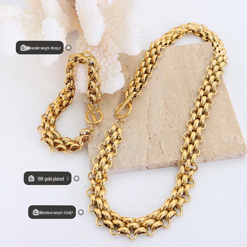 Chic Jewelry Set: Trendy Chain Necklace, Ring Buckle, and Gold-Plated Bracelet for a Cool, Versatile Style