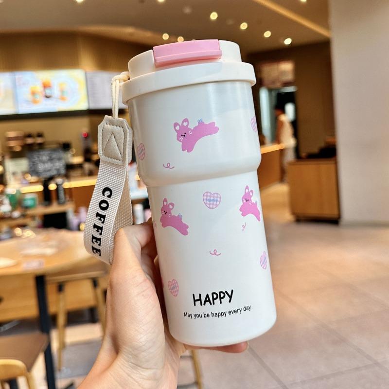Cute Thermos Bottle For Girls Coffee Cup With Straw Hot and Cold Drink 316 Stainless Steel Vacuum Tumbler Outdoor Car Ice Cup