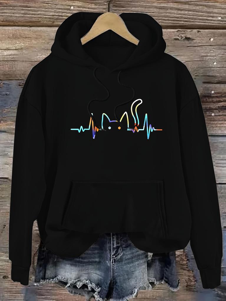Women's autumn and winter casual loose warm personalized cat pattern printed suede long sleeved hooded sweatshirt