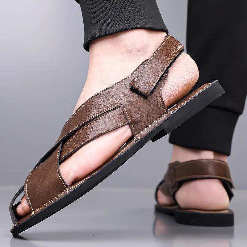 Large Size 48 Leather Sandals Men Classic Black Men's Roman Sandals Comfortable Flat  Summer Sandals for Men Sandalias De Hombre