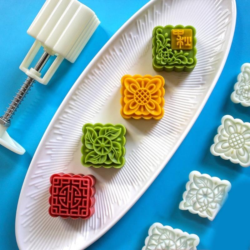 Plastic Mooncakes Molds Square Pastrys Stamps Flower Shape Mooncakes Hand Press Molds Unique Mungs Bean Cake Tool