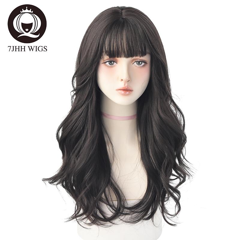 7jhh Wigs Popular Brown Ash Long Deep Wave Hair Lolita Wigs With Bangs Synthetic Wig For Women Fashion Thick Curls Wigs Girl