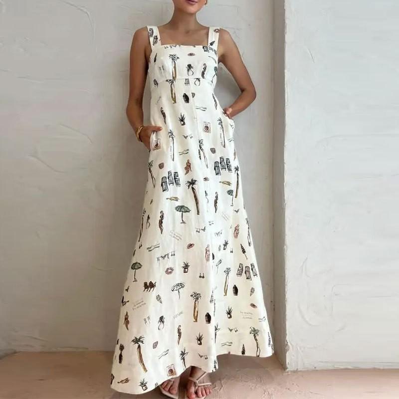 

European American Women s Clothing Sleeveless Lace Suspender Sexy Print Large Swing Dress S