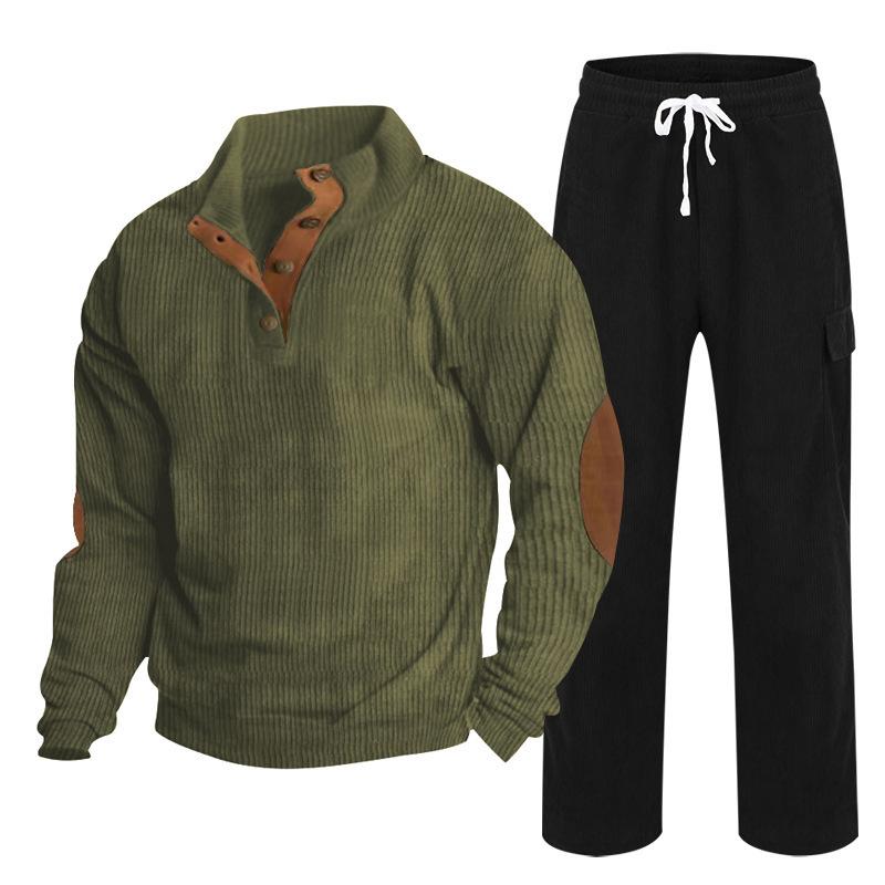 Herren Herbst/Winter Neuankömmling Sportbekleidung Zweiteiliges Set Cord Knopfleiste Henley Oberteil und Straight-Leg Hose Lässiges Ensemble