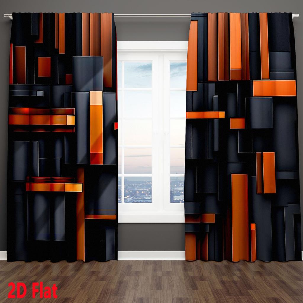 2 Pièces Rideaux Abstraits Géométriques 3D Noir et Orange Draperies de Fenêtre pour Chambre à Coucher Salon Décoration Traitement de Fenêtre.