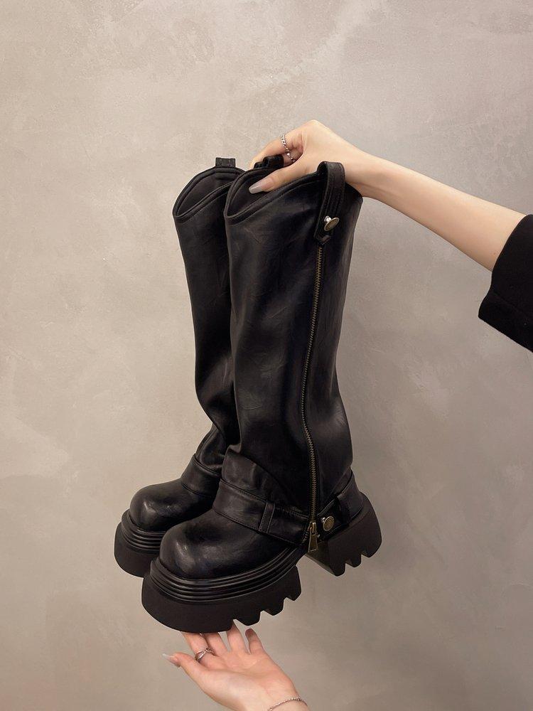 Fashion 2024 Autumn Women's Knee High Boots Western Round Toe Long Boots Women Western Shoes Chunky Heel Platform Women