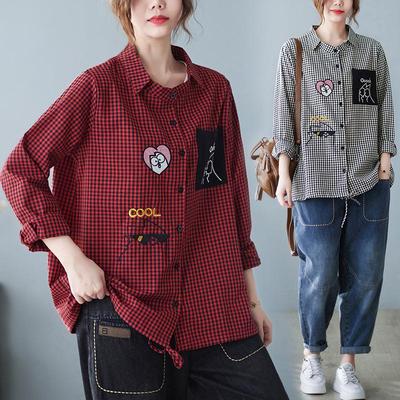 Jeseň 2025 Kórejská voľná bavlnená ľanová kockovaná košeľa pre ženy, golier s klopami, dlhý rukáv