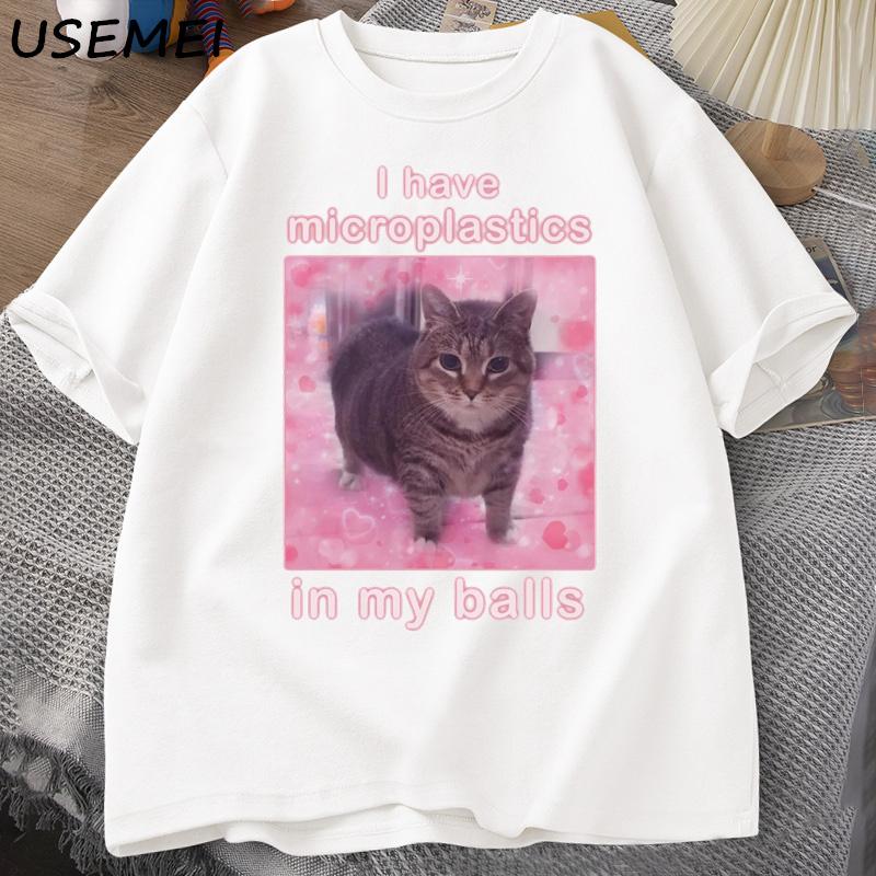 

I Have Microplastics in My Balls Funny Cat Meme T-shirt Men Stupid Silly Tops Goofy Ahh Cat Tee Shirt Harajuku Mens Tees XL белый