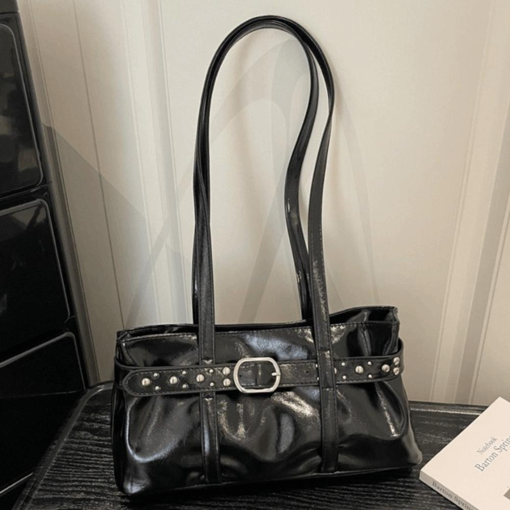Rivet Belt Buckle Underarm Bag Large Capacity Tote Bag Trendy PU LeatherShoulder Bag Commute