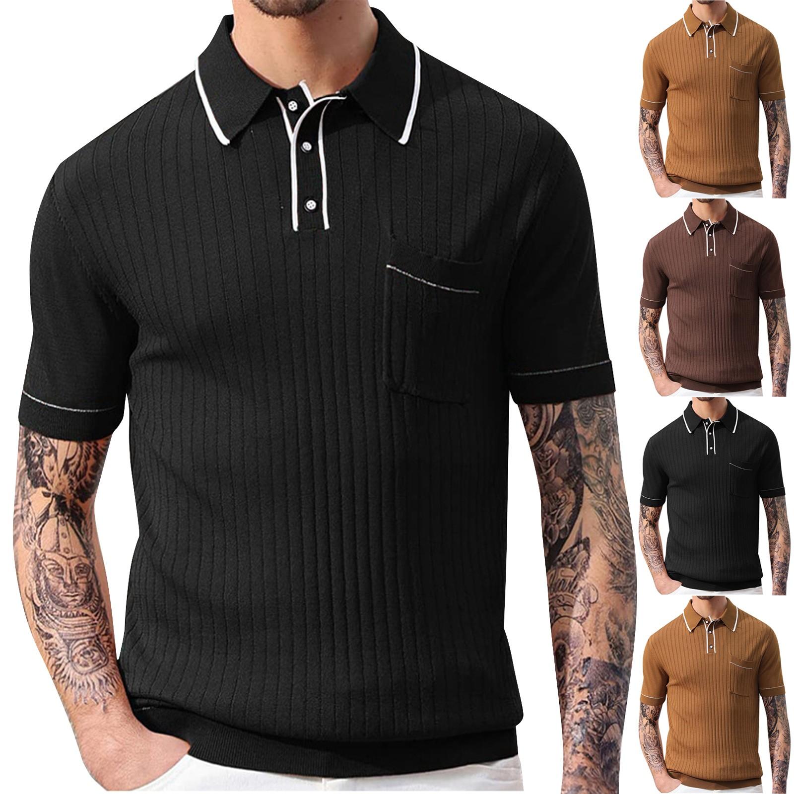

Летняя мужская вязаная однотонная полосатая рубашка-поло с пуговицами и лацканами, повседневный топ с коротким рукавом