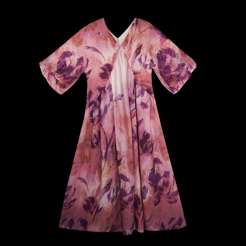 HECO New Chinese Style Printed V-Neck Slimming Maxi Dress
