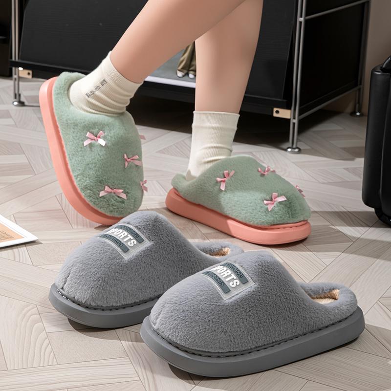 Eine Nummer größer bestellen Mode Damen Schleifchen-Slipper Winter Indoor Zuhause Warm Rutschfest EVA Dicke Sohle Paarschuhe Plüsch Weiche Sohle Hausschuhe
